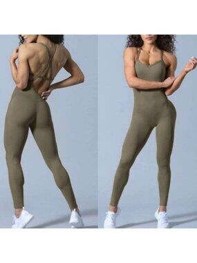 Bombshell Sportswear Sculpt Full Bodysuit Size Medium Olive Green